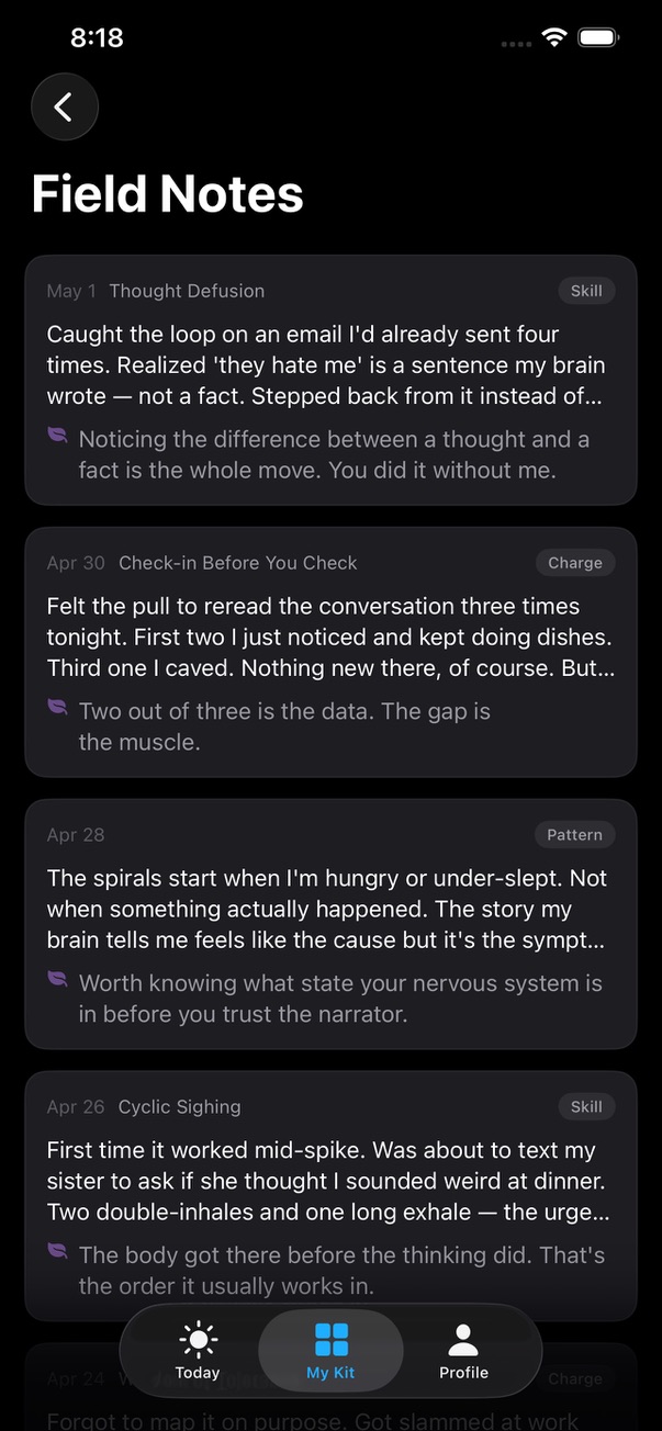 SteadyKit Field Notes screen showing reflection entries and coaching responses