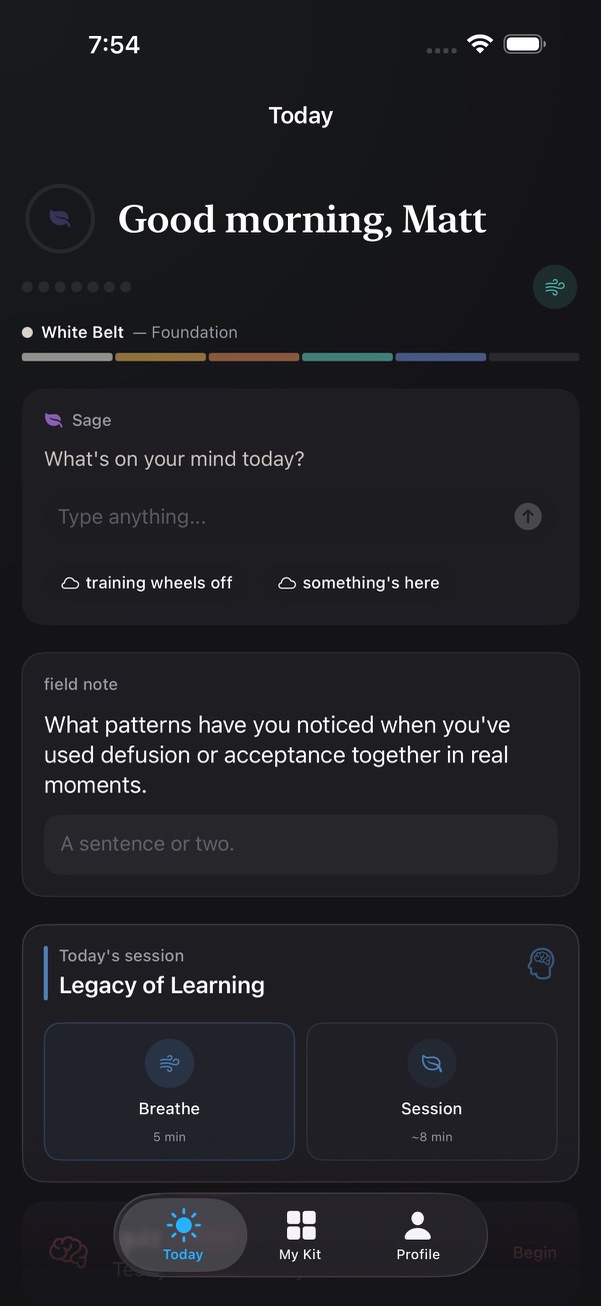 SteadyKit Today screen with Sage check-in, field note, and daily session